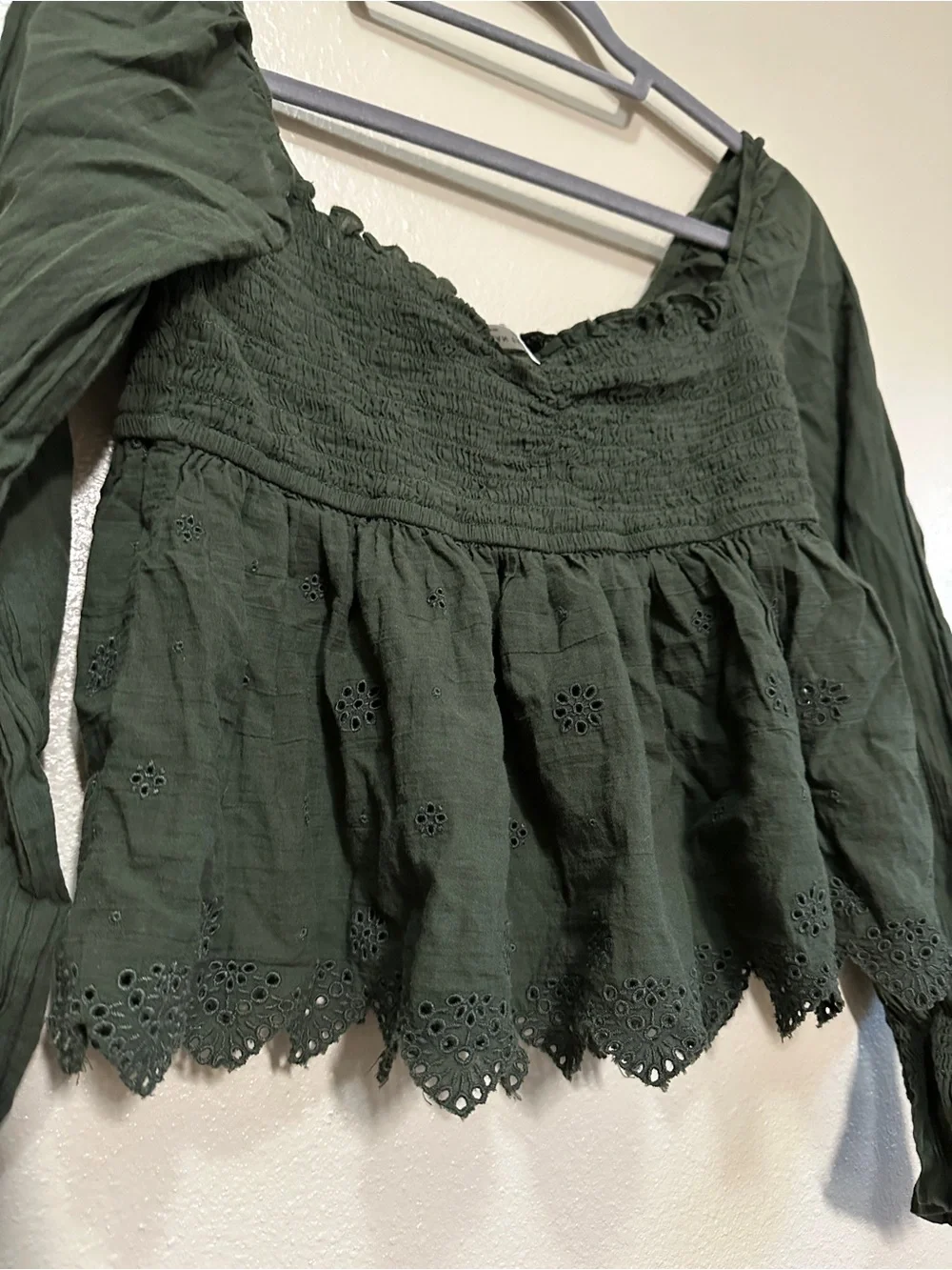 American Eagle Outfitters Olive Green Smocked Eyelet Peasant Top